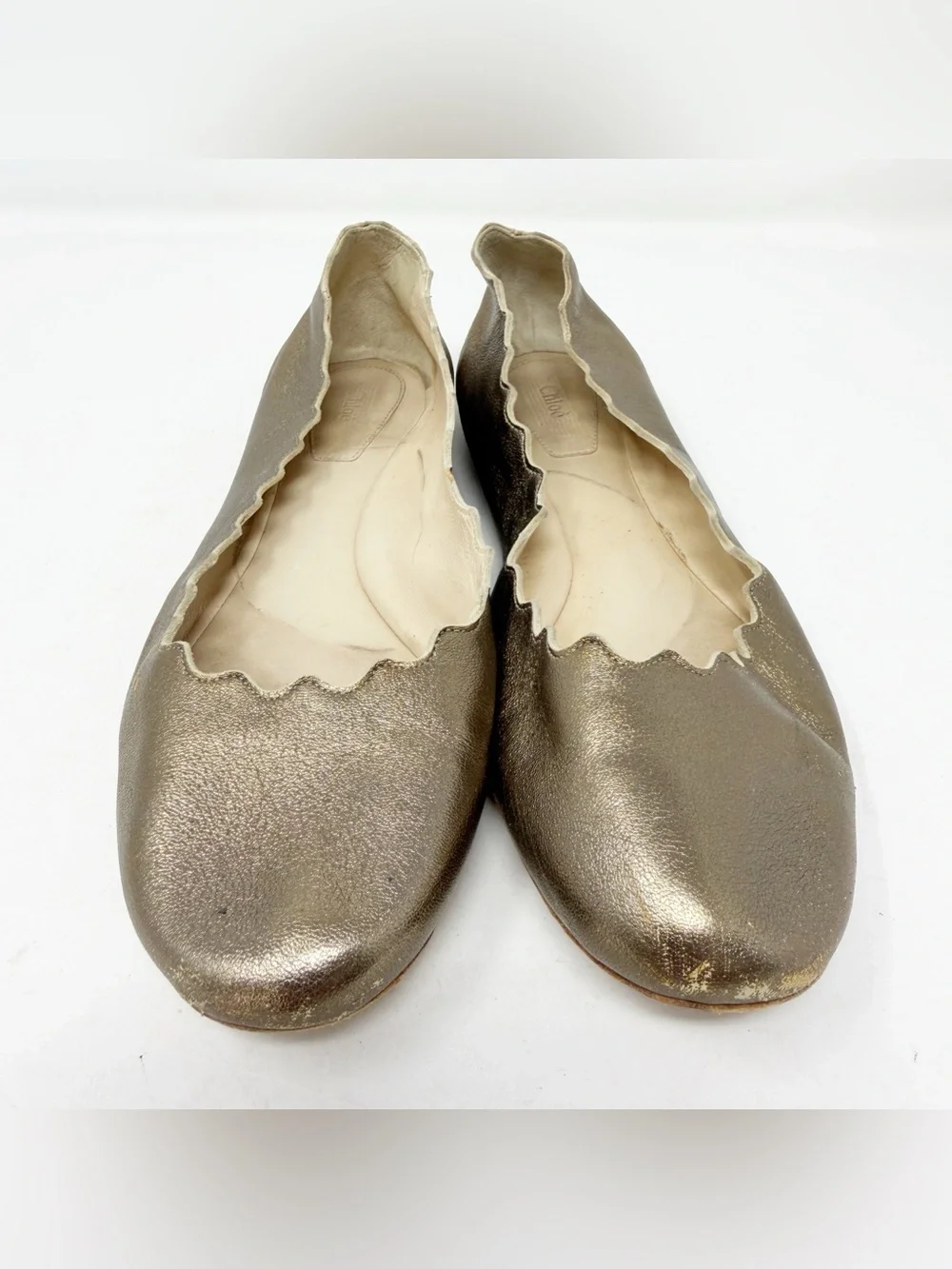 Chloe LAUREN Scallop Metallic Gold Leather Ballet Flats Womens Size 37 EU 7 US